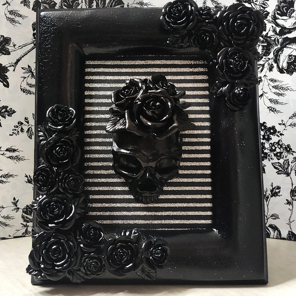 Black 3D Rose Skull in Ornate Floral Picture Frame • Macabre Gothic Wall Art